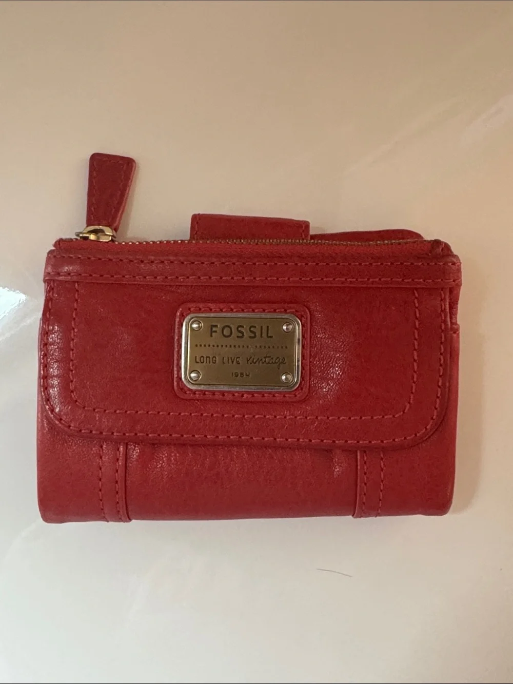 Fossil Red Leather Zip & Snap Wallet with Metal Logo Plate